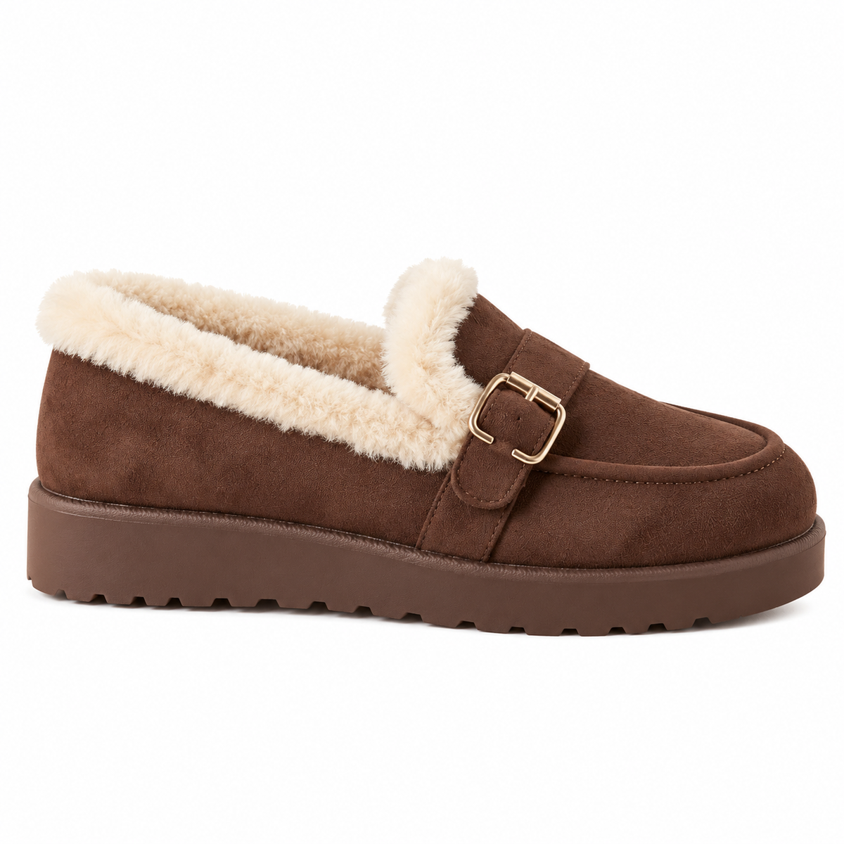 Fur-Lined Buckle Platform Loafers