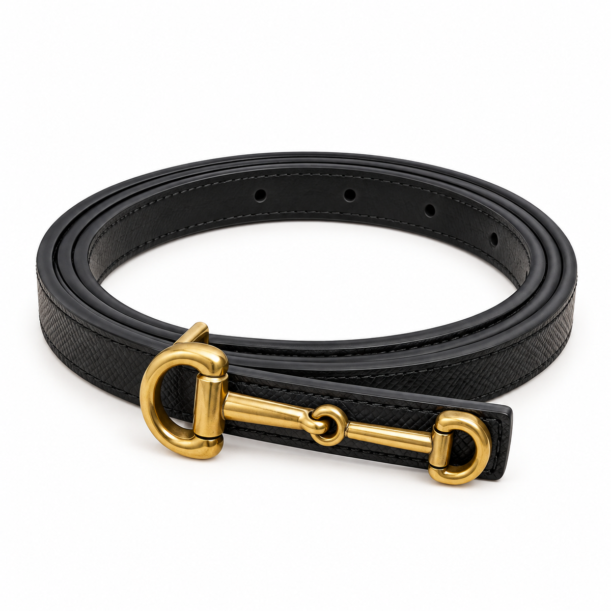 Elegant black Leather Belt with Gold-Tone Buckle – Navy Blue Trim