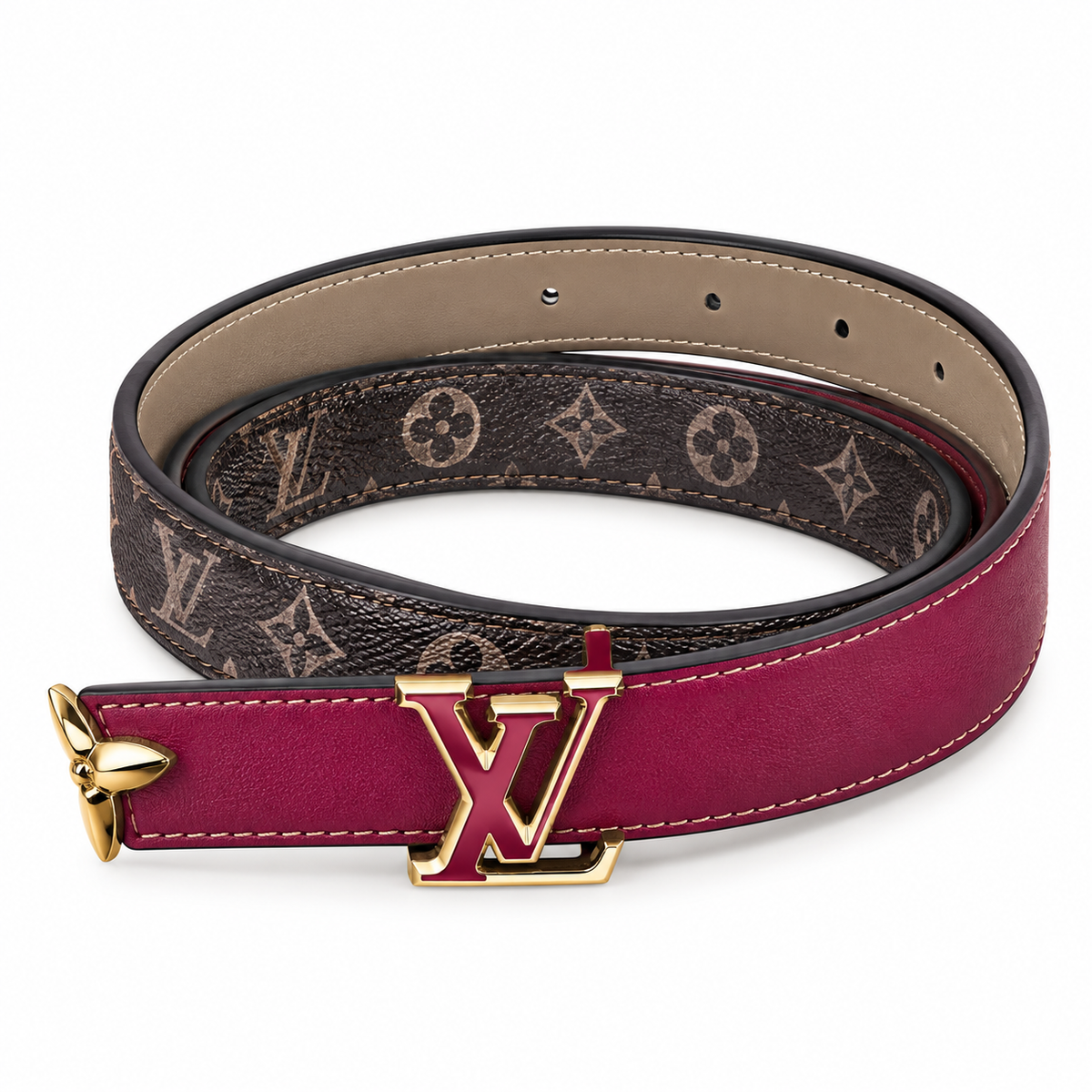 Burgundy Leather Belt with Gold-Tone LV Buckle – Monogram Design