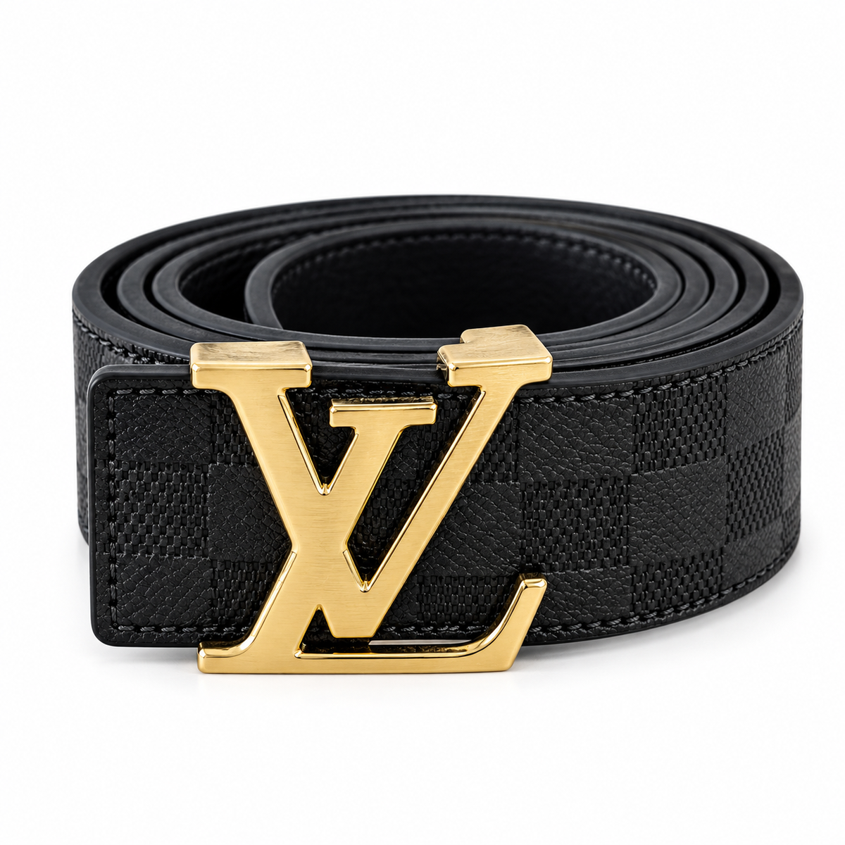 Black Textured Leather Belt with Silver-Tone LV Buckle – Luxury Style