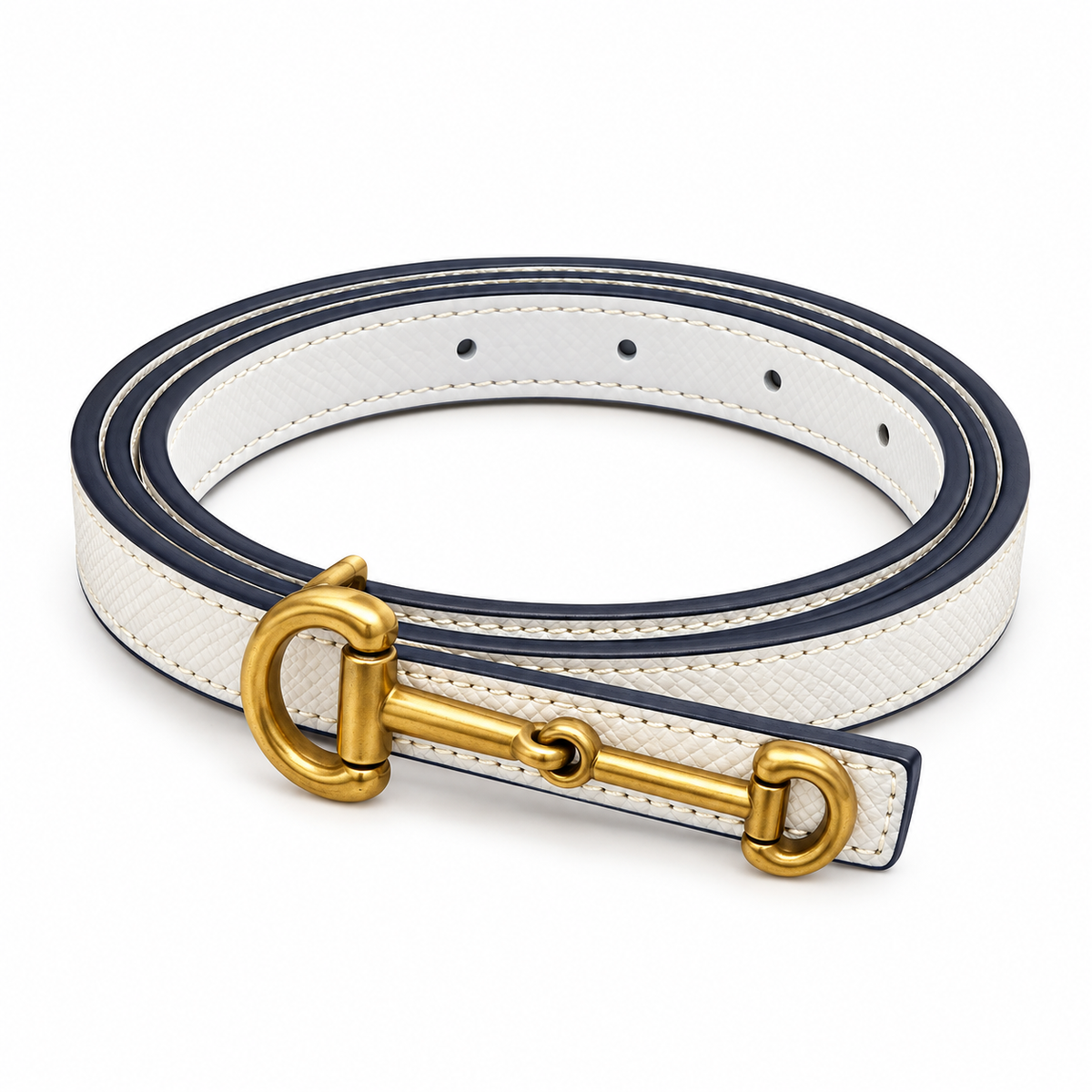 Elegant White Leather Belt with Gold-Tone Buckle – Navy Blue Trim
