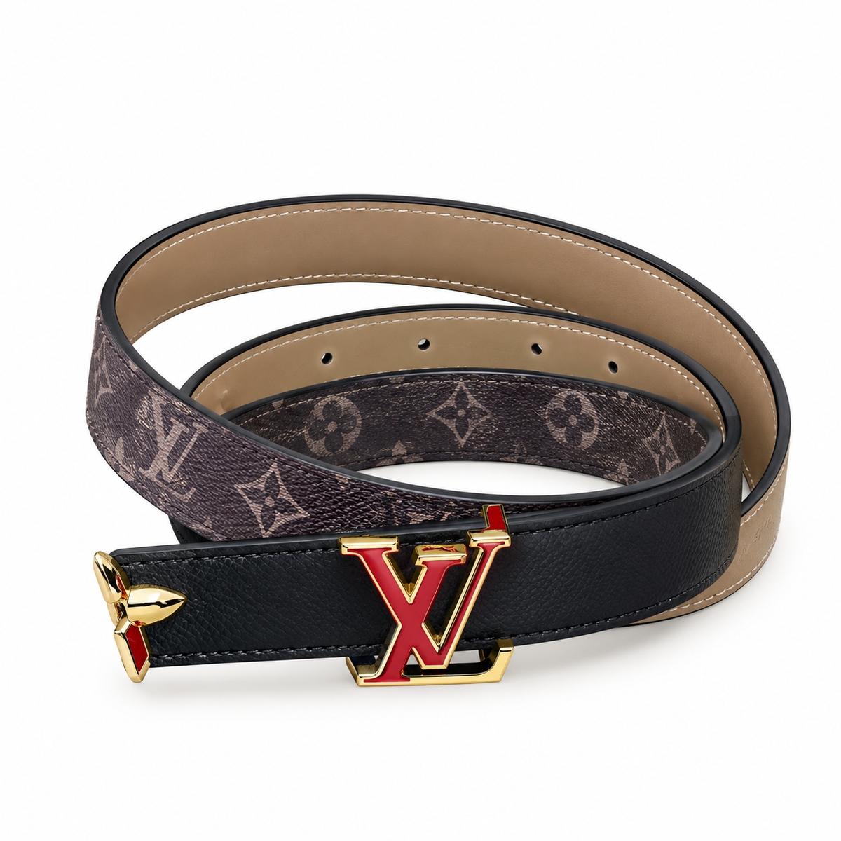 Black Leather Belt with Gold-Tone LV Buckle – Monogram Design