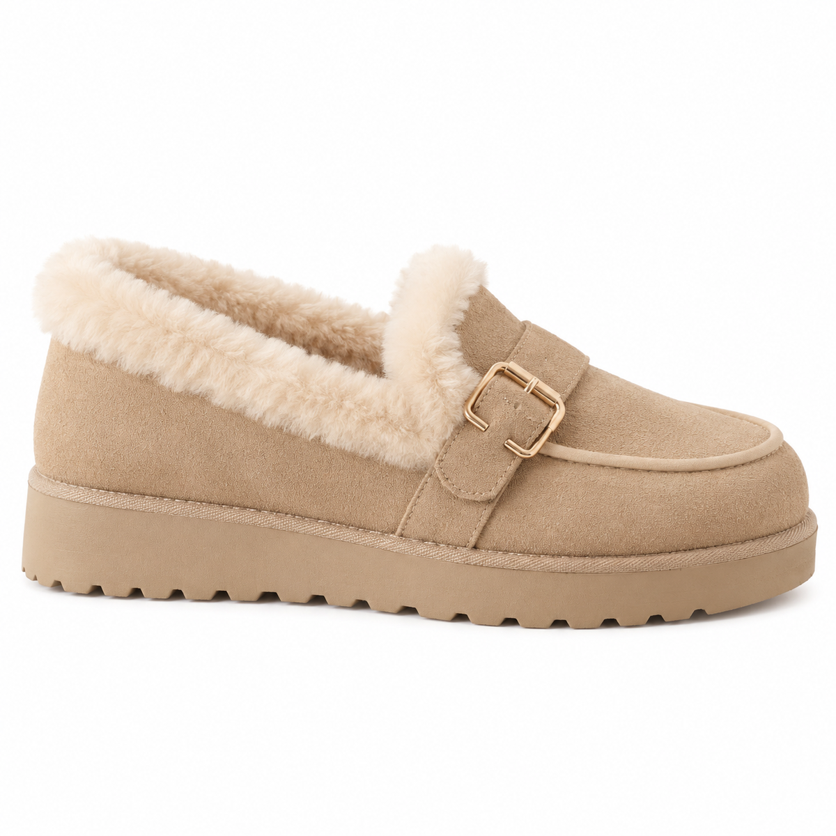 Fur-Lined Buckle Platform Loafers