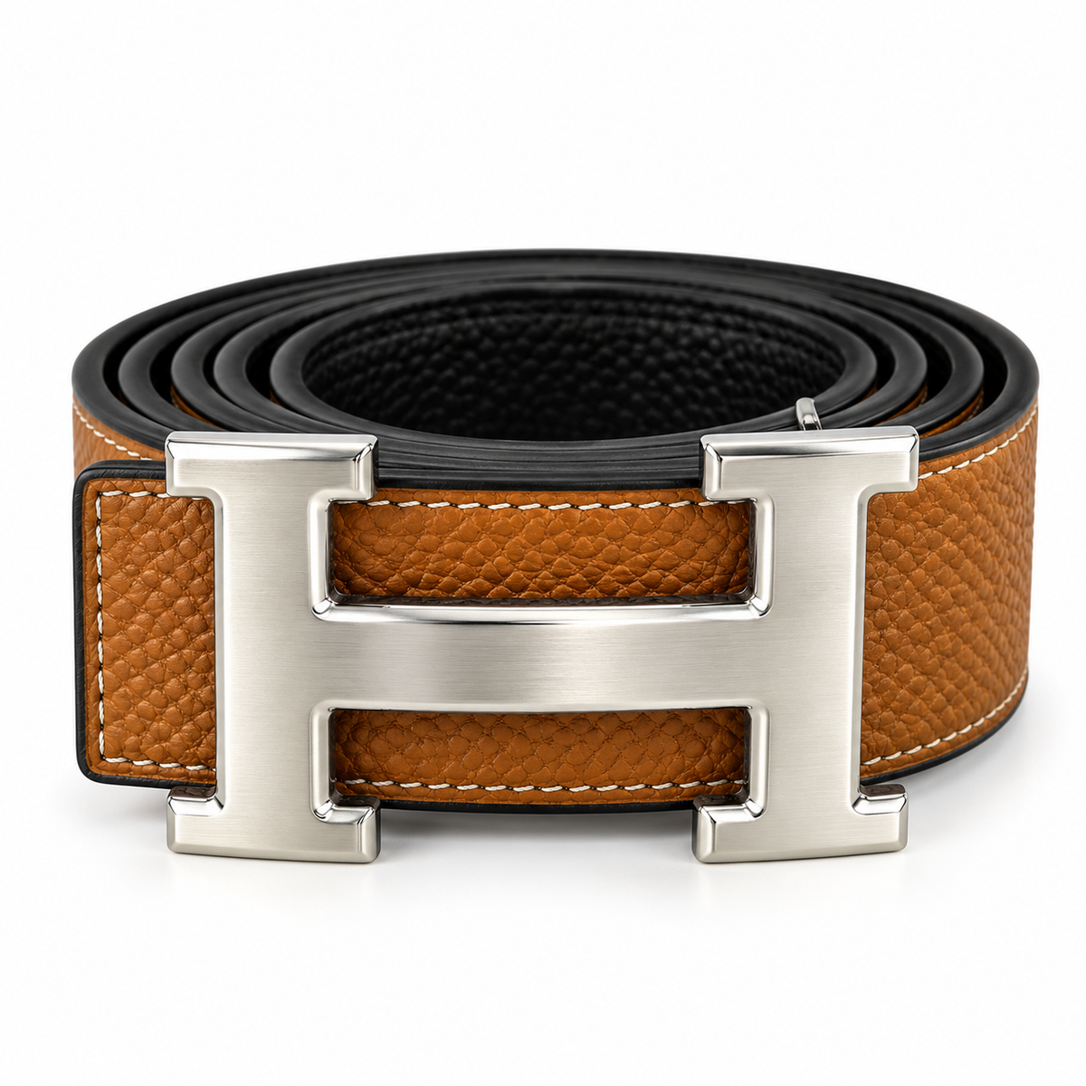 Textured Leather Belt with Gold-Tone H-Shaped Buckle
