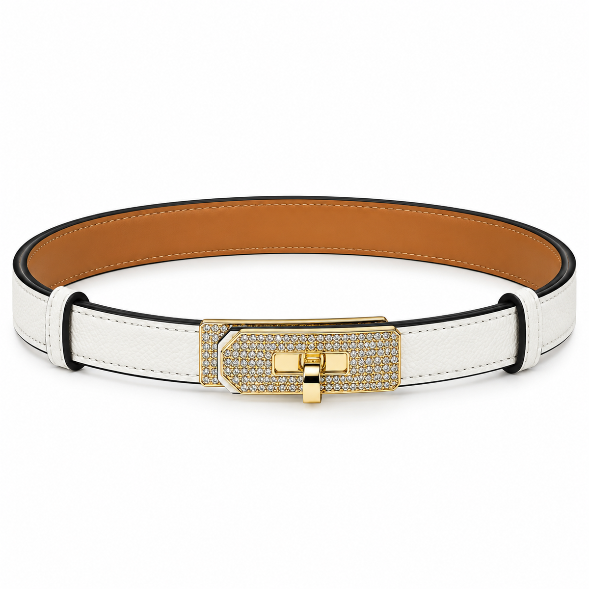 Elegant White Leather Belt with Gold-Tone Crystal-Embellished Buckle