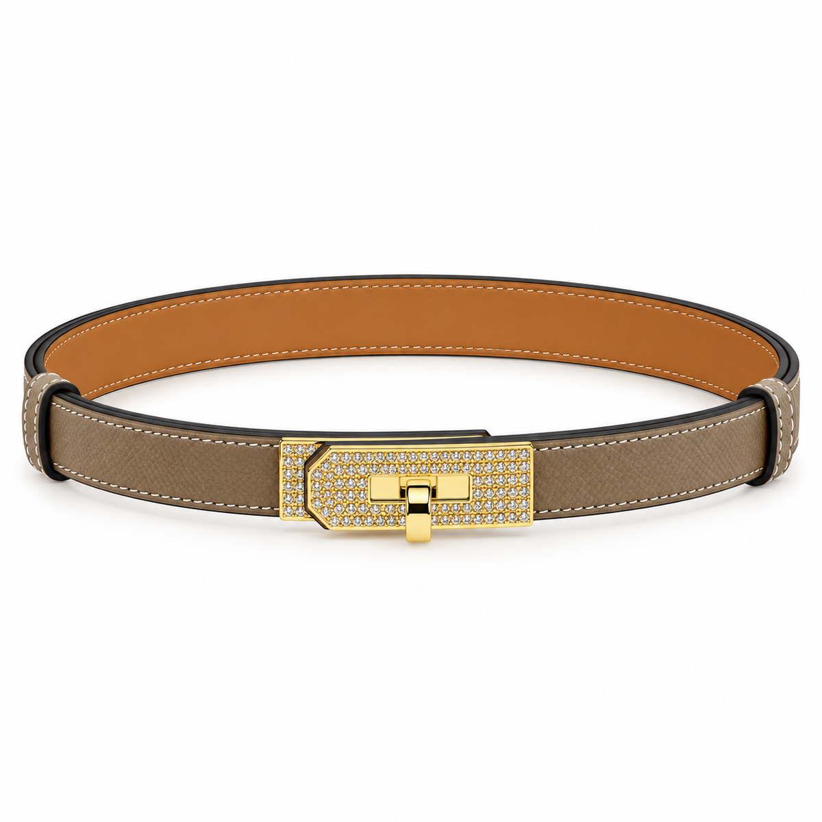 Elegant Leather Belt with Gold-Tone Crystal-Embellished Buckle