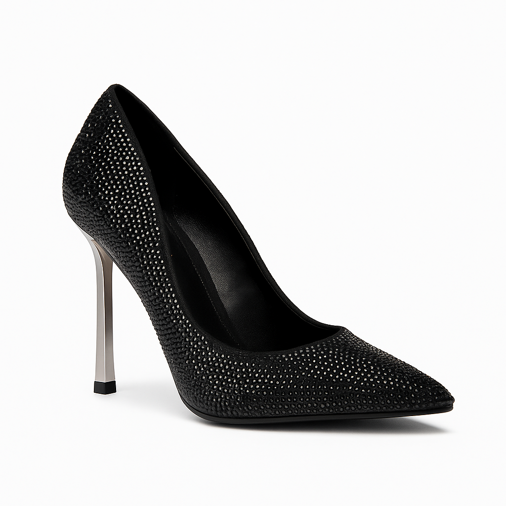 Black Crystal-Embellished Pointed-Toe Stiletto Heel