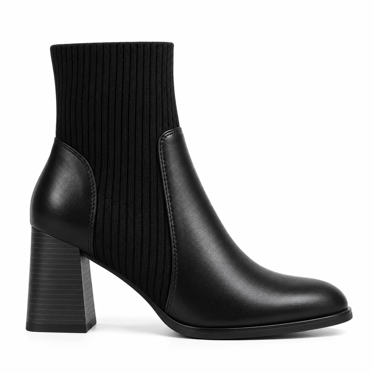 Black Ribbed Knit Ankle Boots with Block Heel
