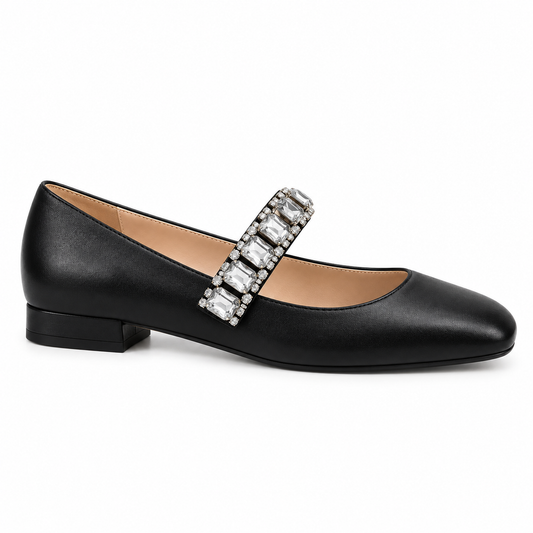 Women’s Black Crystal Buckle Mary Jane Flats – Elegant Low Heel
