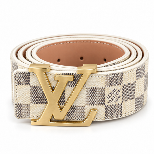 White Checkered Belt with Gold-Tone LV Buckle – Elegant Luxury Style