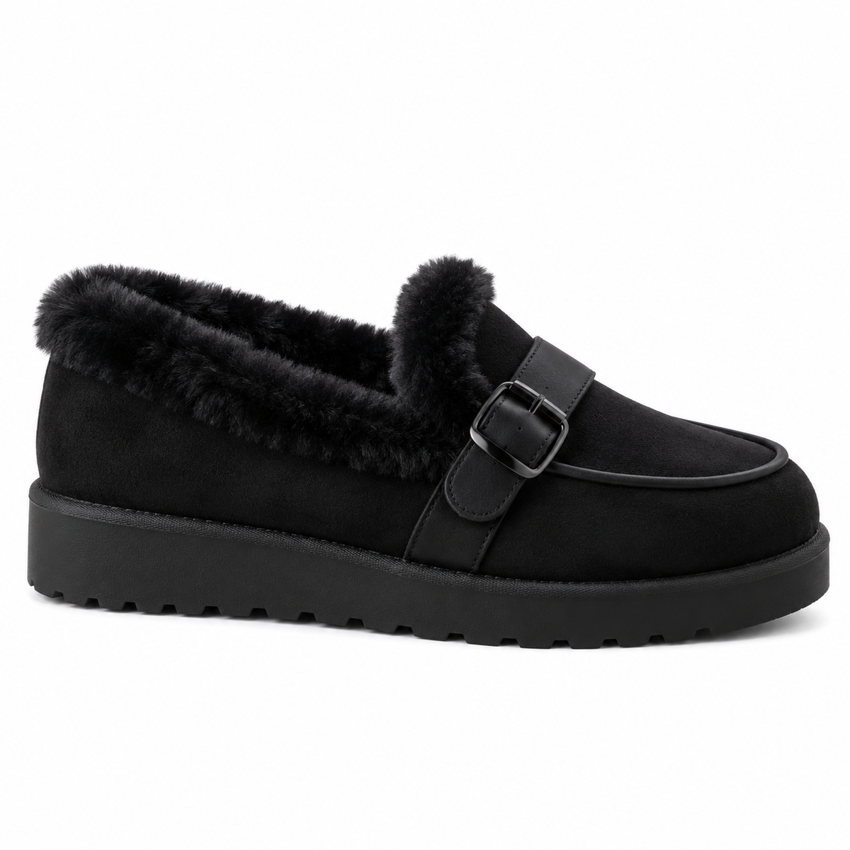 Fur-Lined Buckle Platform Loafers