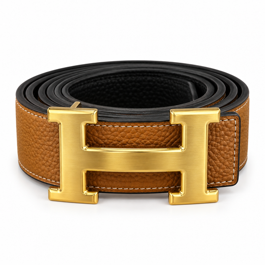 Textured Leather Belt with Gold-Tone H-Shaped Buckle