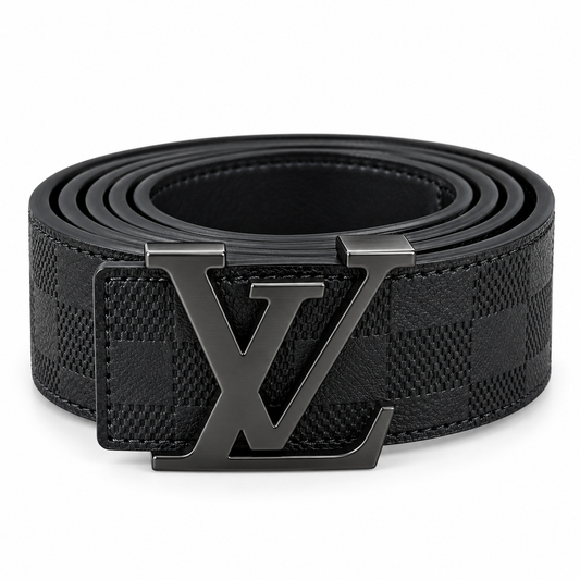 Black Textured Leather Belt with Silver-Tone LV Buckle – Luxury Style