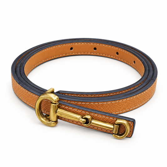 Elegant Havane Leather Belt with Gold-Tone Buckle – Navy Blue Trim