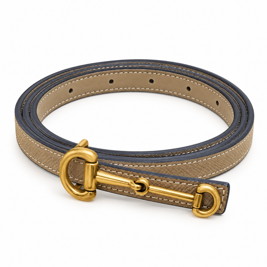 Elegant  Leather Belt with Gold-Tone Buckle – Navy Blue Trim