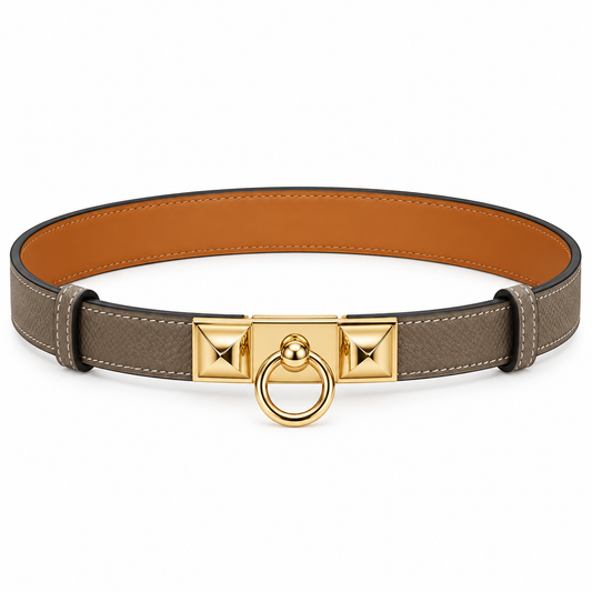 Taupe Textured Leather Belt with Gold-Tone Ring Buckle – Elegant Design