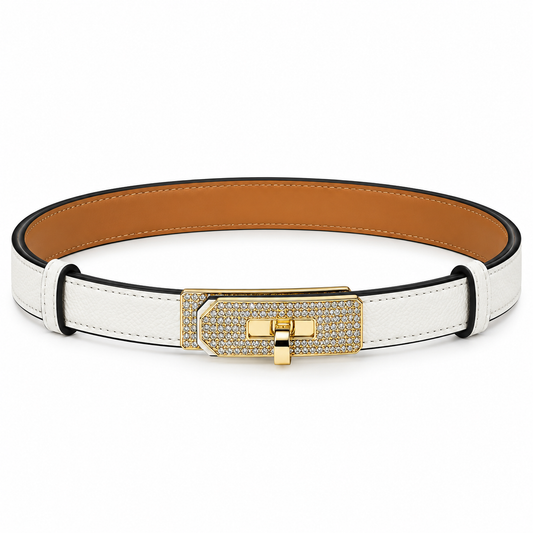 Elegant White Leather Belt with Gold-Tone Crystal-Embellished Buckle