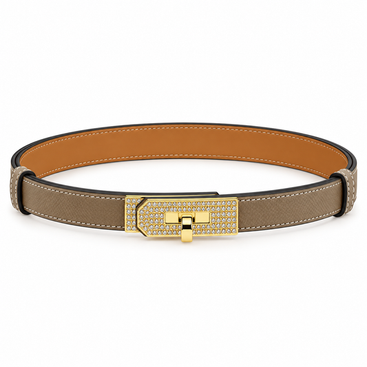 Elegant Leather Belt with Gold-Tone Crystal-Embellished Buckle