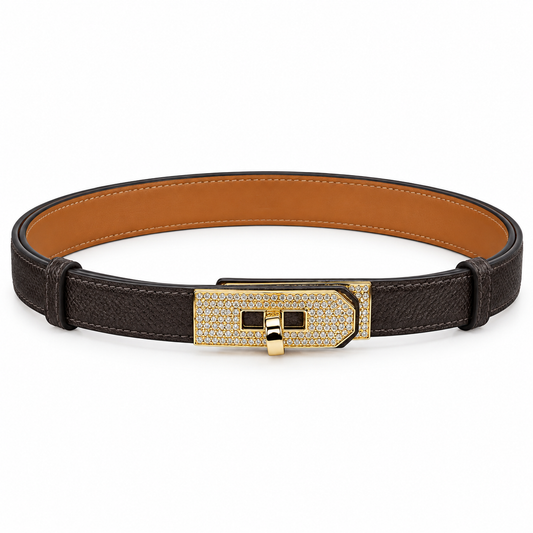 Elegant Leather Belt with Gold-Tone Crystal-Embellished Buckle