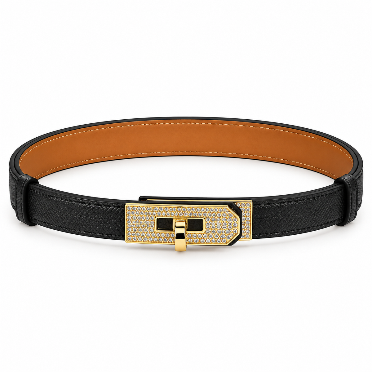 Elegant White Leather Belt with Gold-Tone Crystal-Embellished Buckle