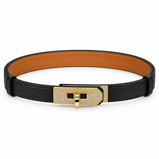 Elegant White Leather Belt with Gold-Tone Crystal-Embellished Buckle