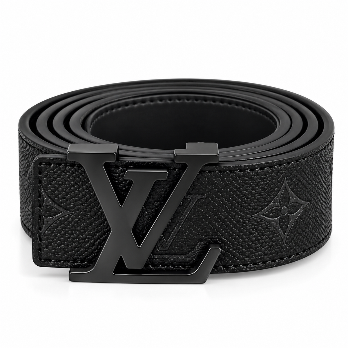 Black Embossed Leather Belt with Gold-Tone LV Buckle – Luxury Style