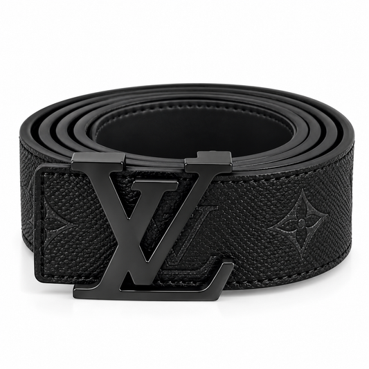 Black Embossed Leather Belt with Gold-Tone LV Buckle – Luxury Style