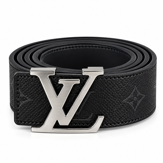 Black Embossed Leather Belt with Gold-Tone LV Buckle – Luxury Style