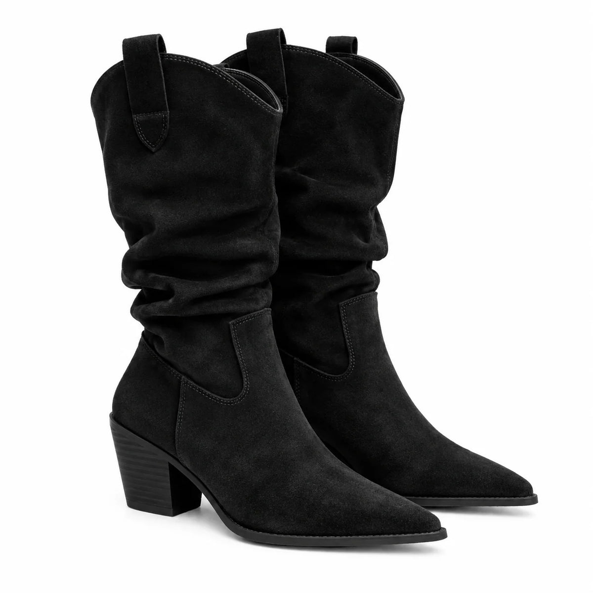 Black Slouchy Leather Cowboy Boots